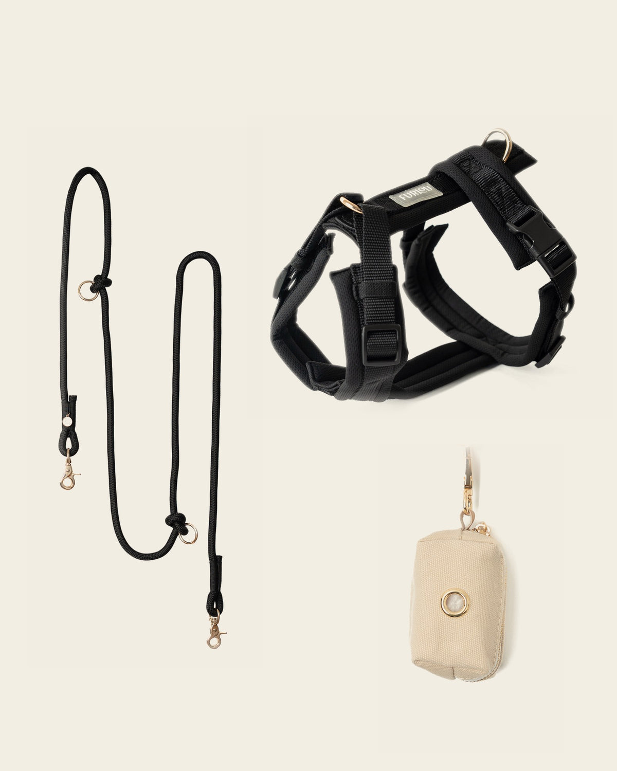 The Shoreline Set in Onyx: hands-free lead, harness and cream bag holder