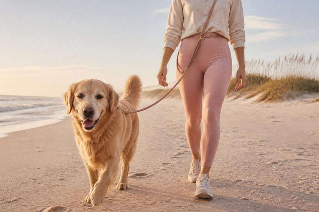 A golden retriever on a sunrise beach walk with the Shell Pink hands-free lead