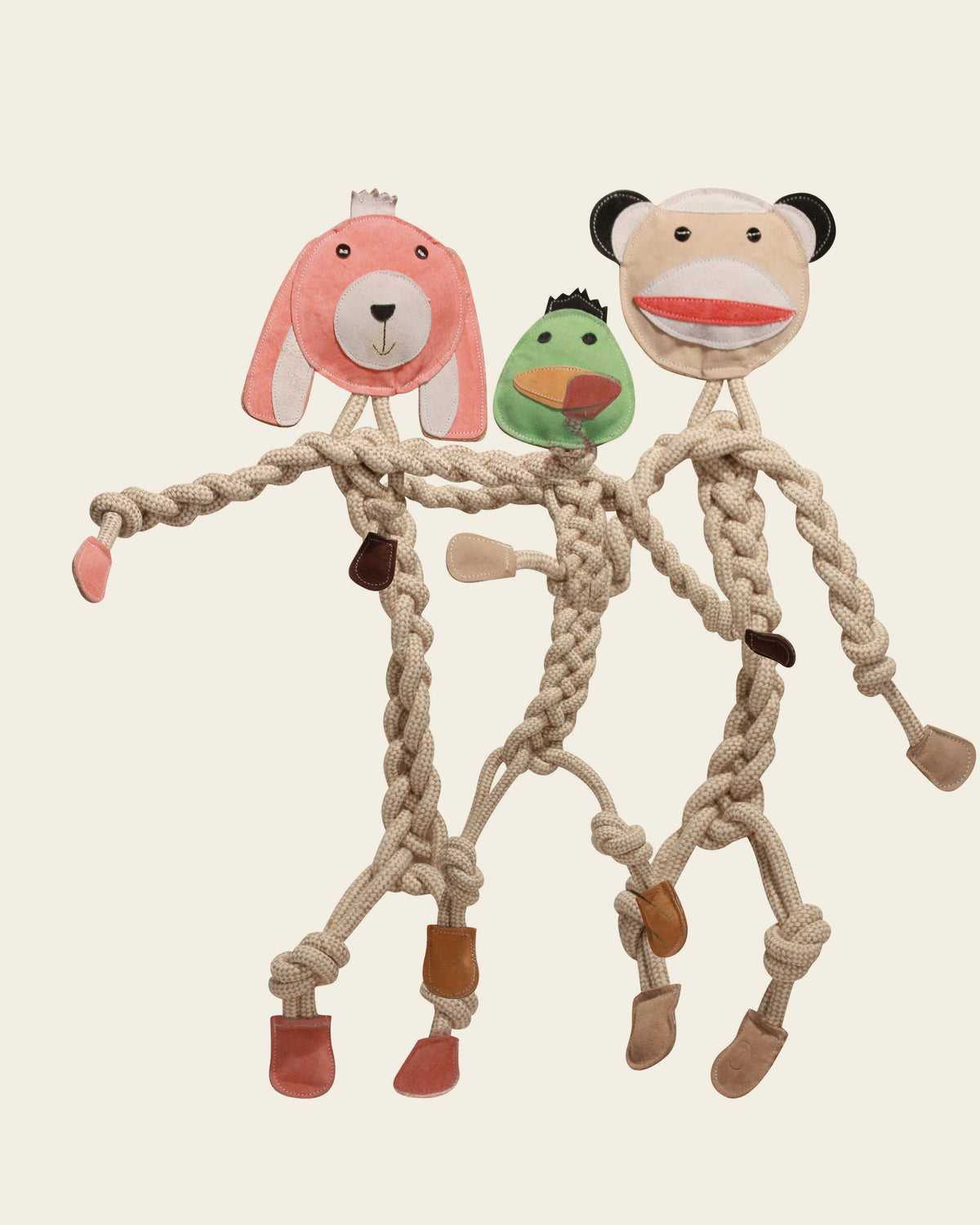 The Rope Toy Trio: a bunny, a duck and a monkey on braided rope bodies